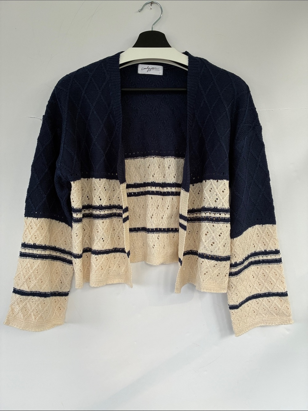 Carly Jean Los Angeles Navy & Cream Open-Knit Striped Cardigan Small